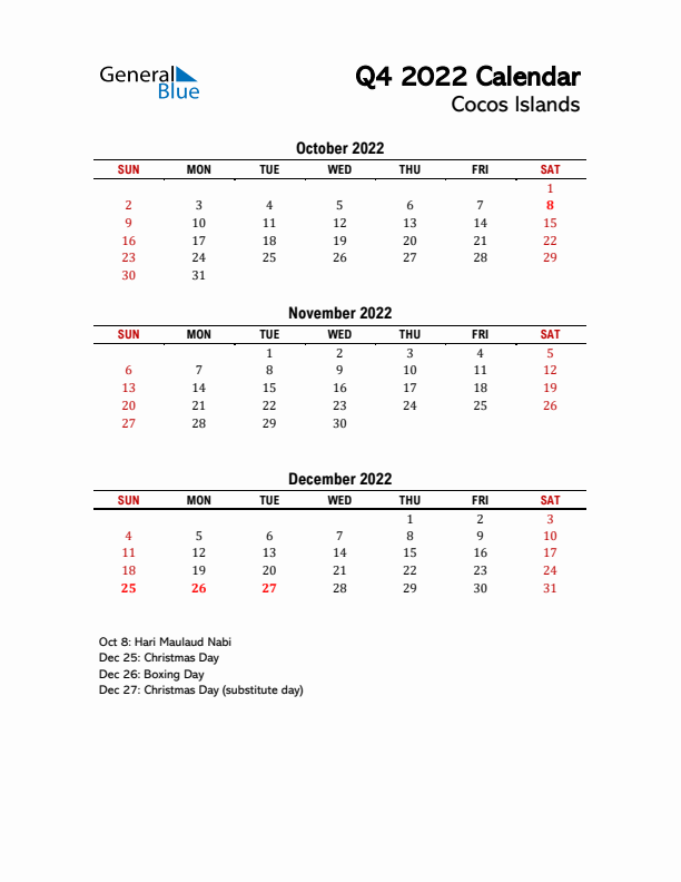 2022 Q4 Calendar with Holidays List for Cocos Islands