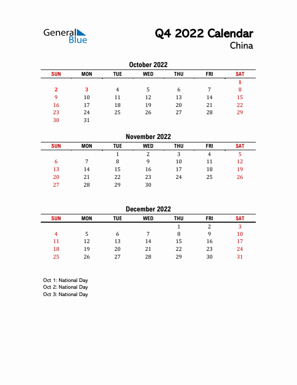 2022 Q4 Calendar with Holidays List for China