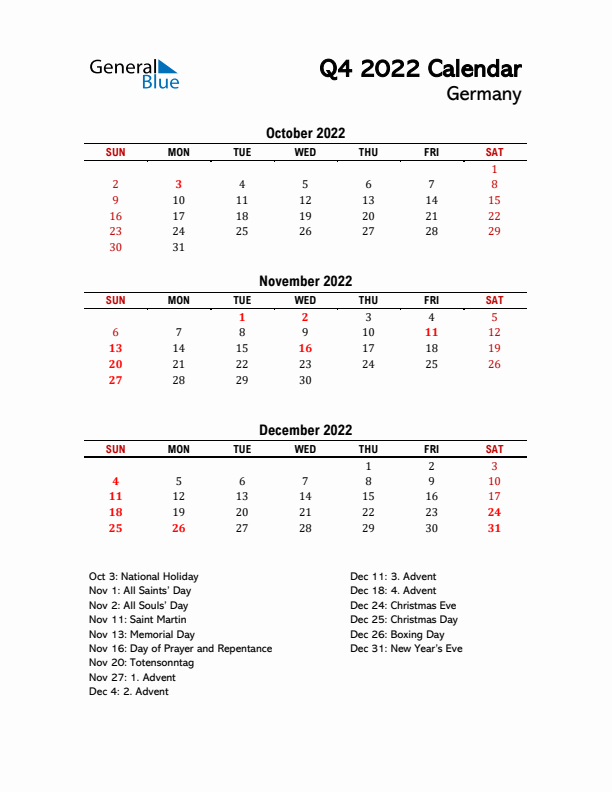 2022 Q4 Calendar with Holidays List for Germany