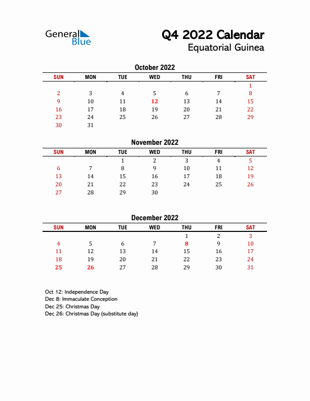 2022 Q4 Calendar with Holidays List for Equatorial Guinea