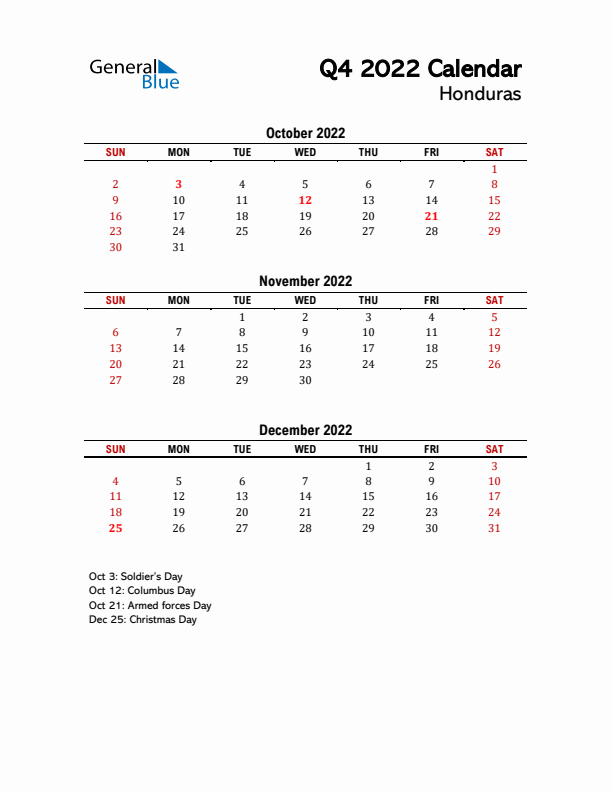 2022 Q4 Calendar with Holidays List for Honduras