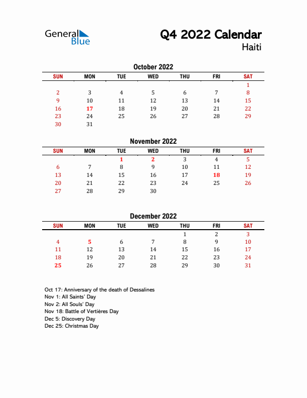 2022 Q4 Calendar with Holidays List for Haiti