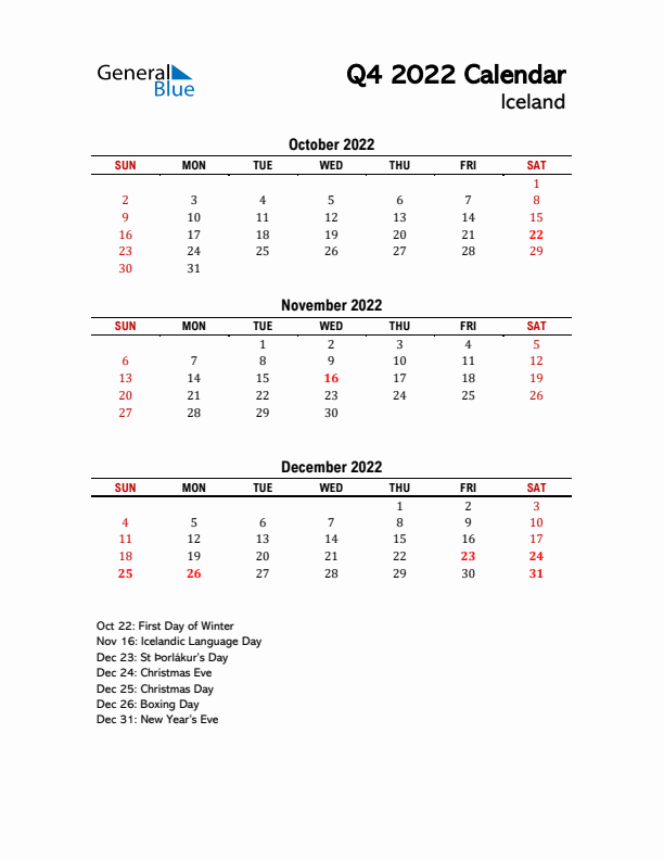 2022 Q4 Calendar with Holidays List for Iceland