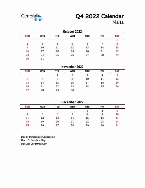 2022 Q4 Calendar with Holidays List for Malta