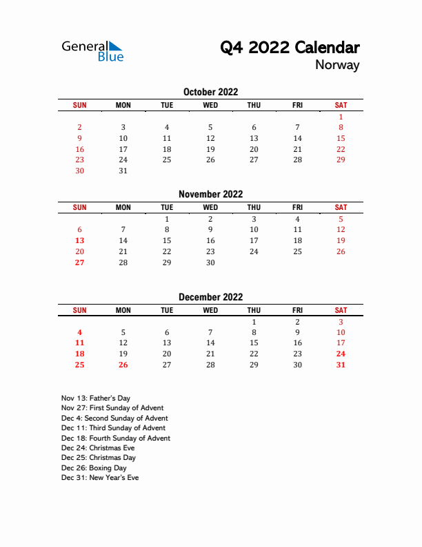 2022 Q4 Calendar with Holidays List for Norway