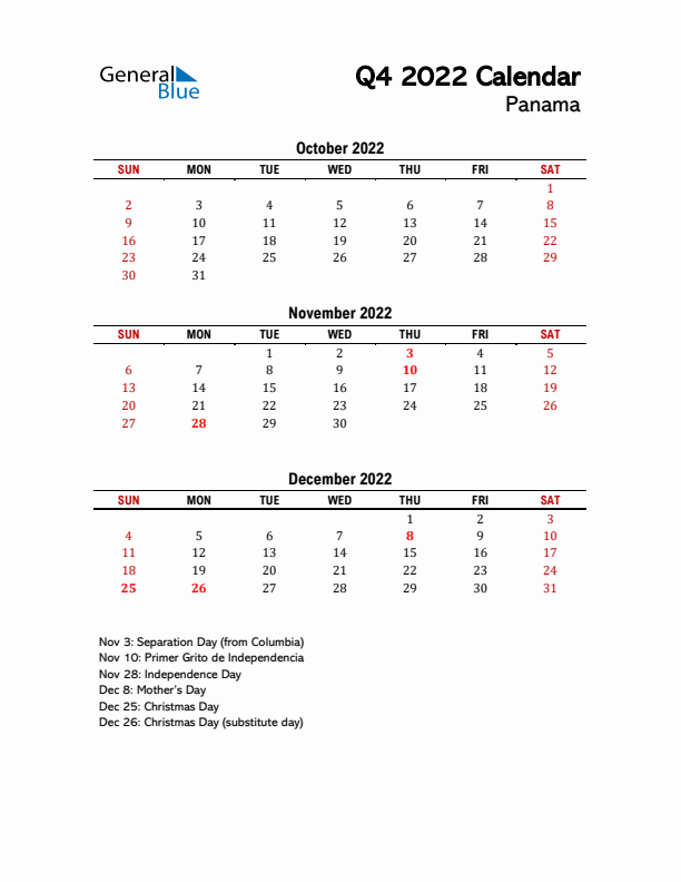 2022 Q4 Calendar with Holidays List for Panama