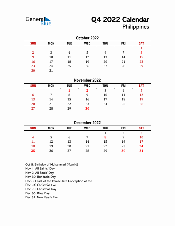 2022 Q4 Calendar with Holidays List for Philippines