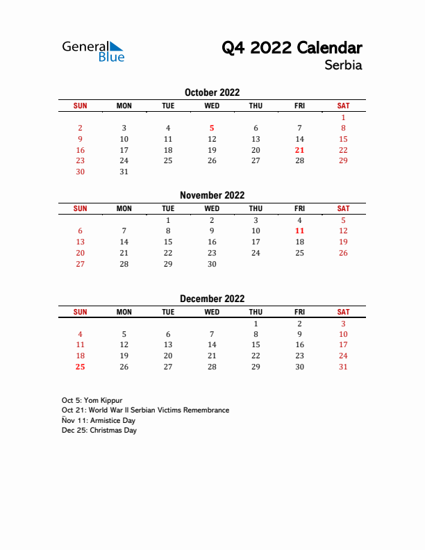 2022 Q4 Calendar with Holidays List for Serbia