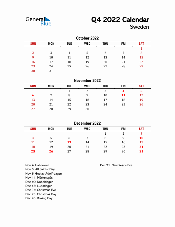 2022 Q4 Calendar with Holidays List for Sweden