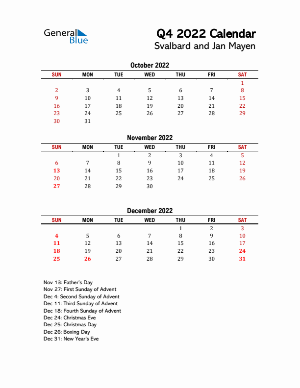 2022 Q4 Calendar with Holidays List for Svalbard and Jan Mayen