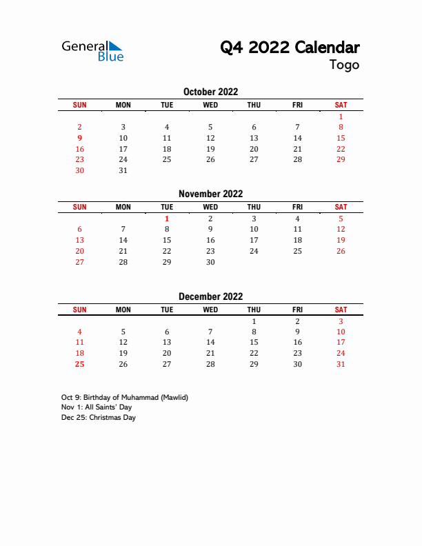 2022 Q4 Calendar with Holidays List for Togo