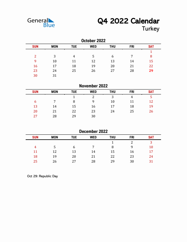 2022 Q4 Calendar with Holidays List for Turkey