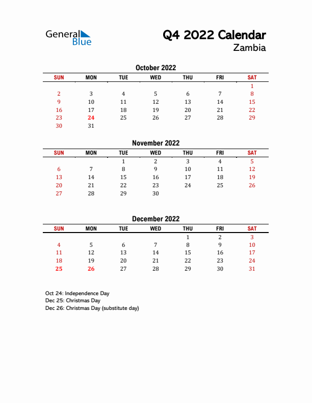 2022 Q4 Calendar with Holidays List for Zambia