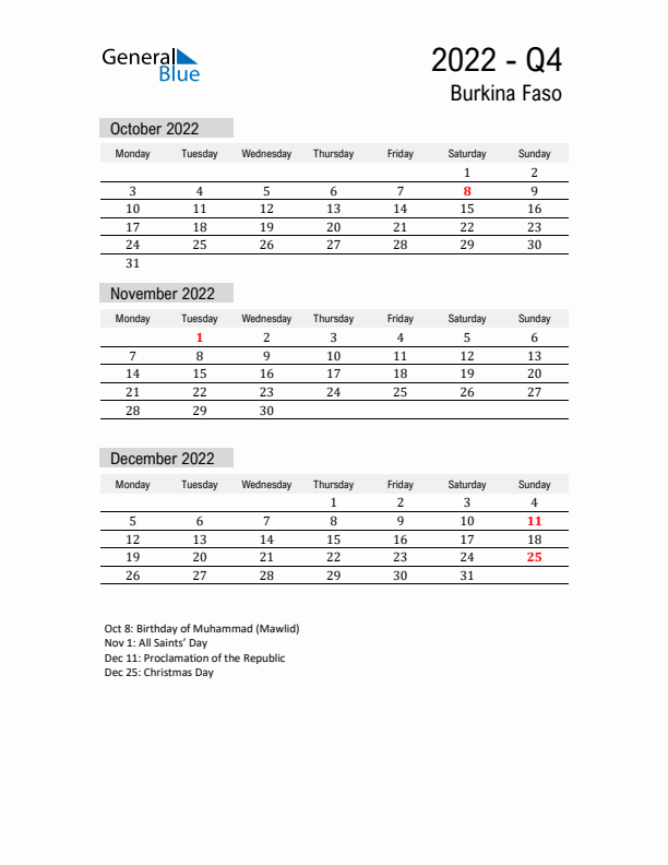 Burkina Faso Quarter 4 2022 Calendar with Holidays