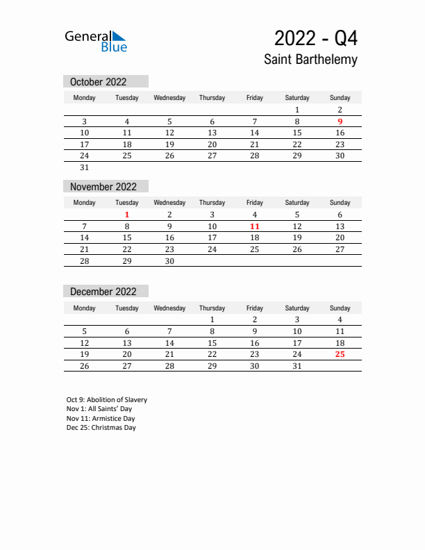 Saint Barthelemy Quarter 4 2022 Calendar with Holidays