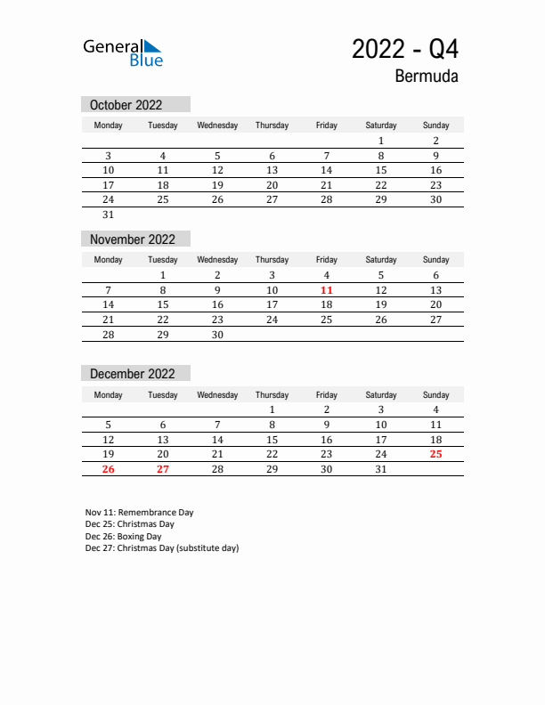 Bermuda Quarter 4 2022 Calendar with Holidays