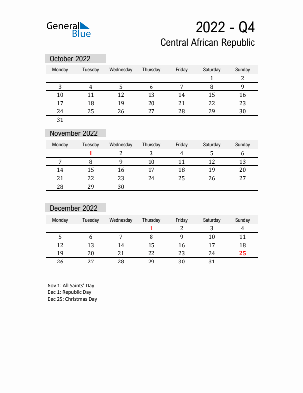 Central African Republic Quarter 4 2022 Calendar with Holidays