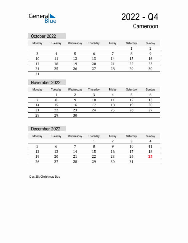 Cameroon Quarter 4 2022 Calendar with Holidays