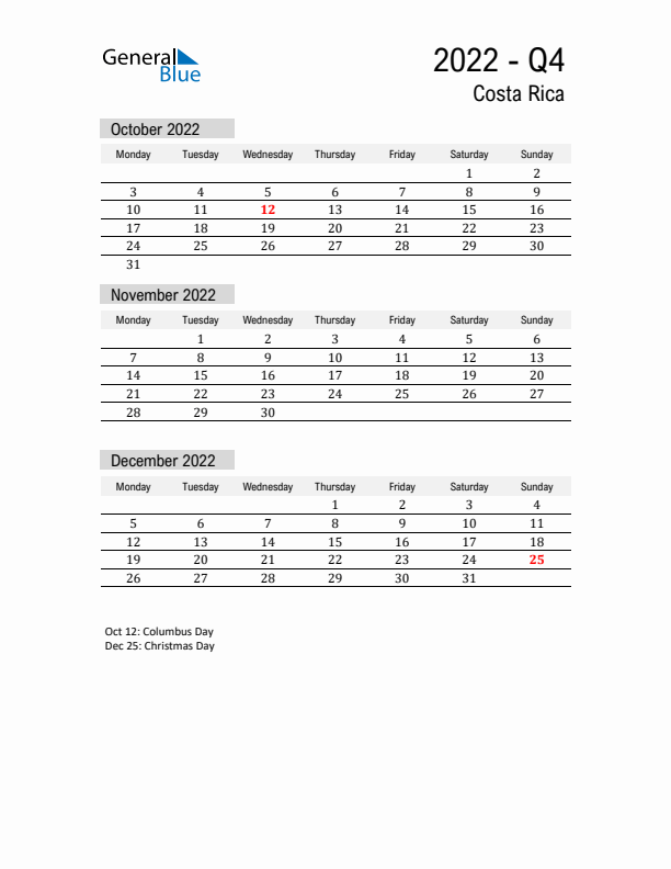Costa Rica Quarter 4 2022 Calendar with Holidays