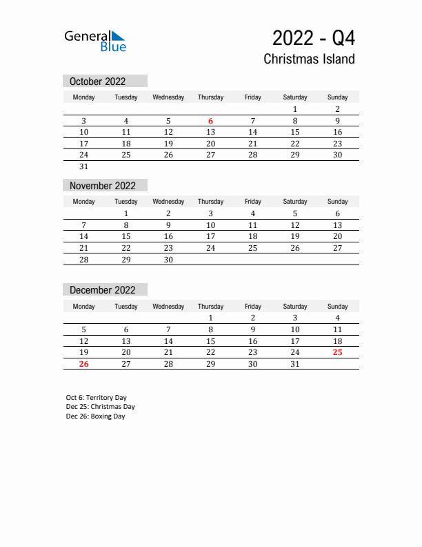 Christmas Island Quarter 4 2022 Calendar with Holidays