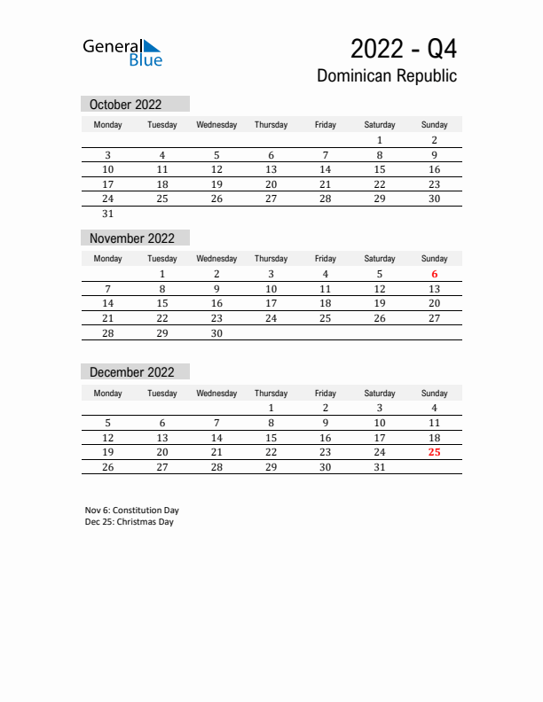 Dominican Republic Quarter 4 2022 Calendar with Holidays