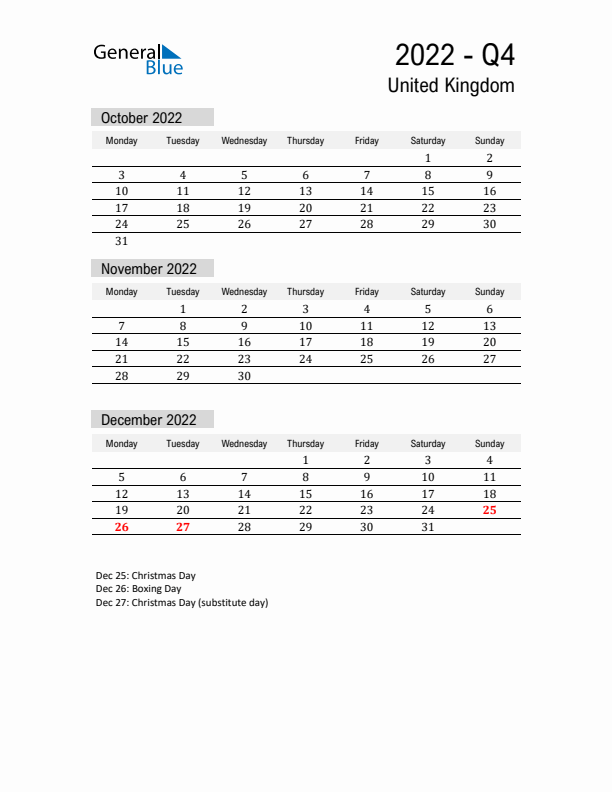 United Kingdom Quarter 4 2022 Calendar with Holidays