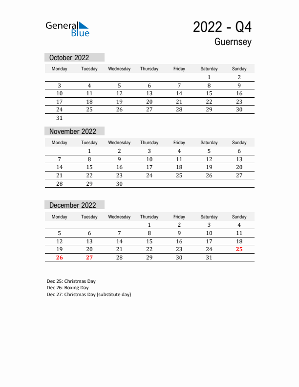 Guernsey Quarter 4 2022 Calendar with Holidays