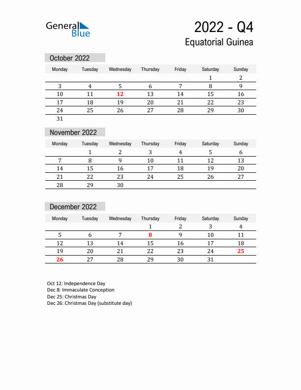 Equatorial Guinea Quarter 4 2022 Calendar with Holidays
