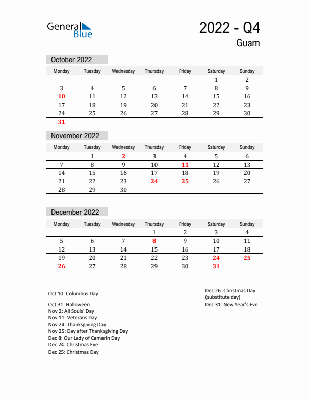 Guam Quarter 4 2022 Calendar with Holidays