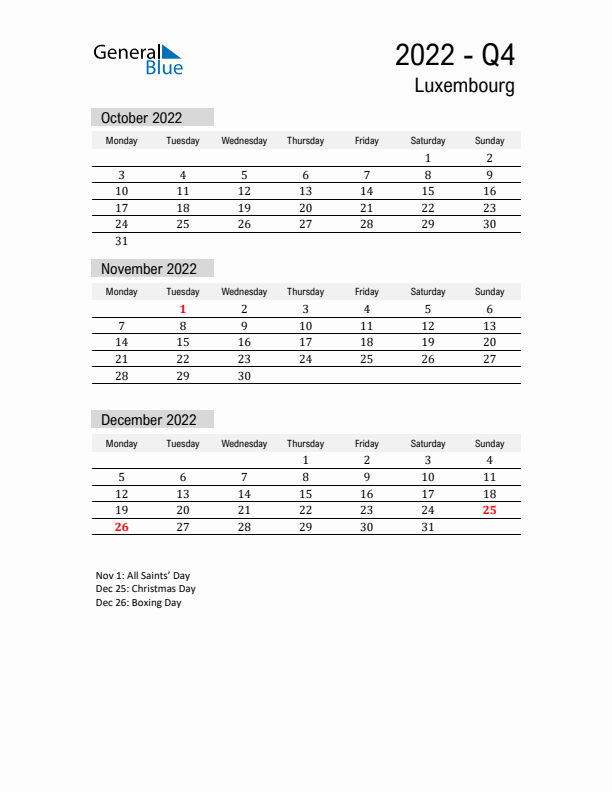 Luxembourg Quarter 4 2022 Calendar with Holidays
