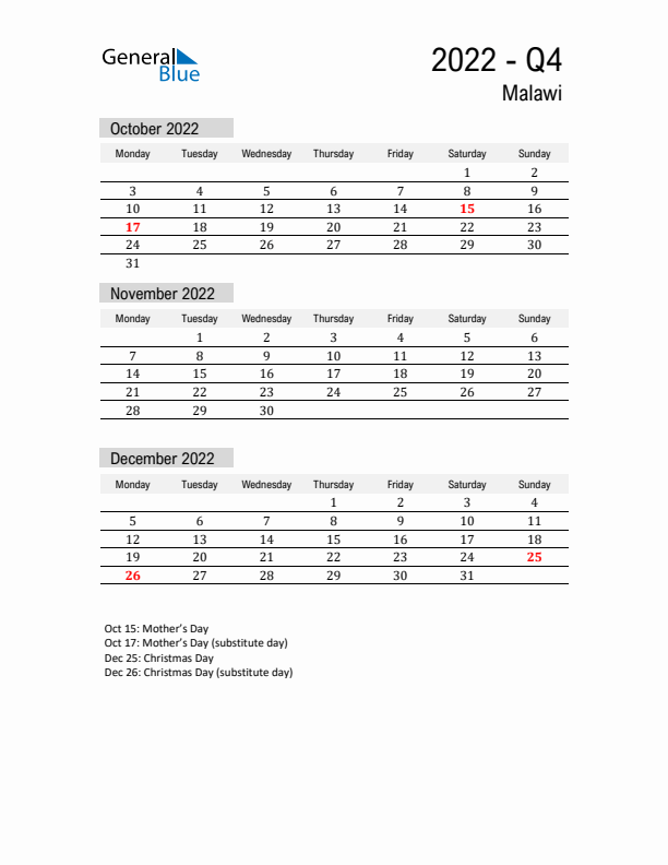 Malawi Quarter 4 2022 Calendar with Holidays