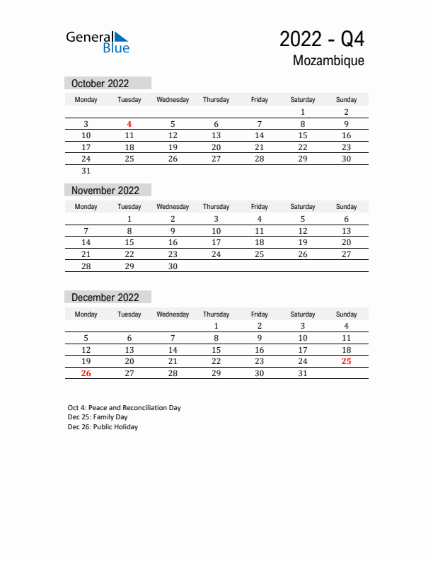 Mozambique Quarter 4 2022 Calendar with Holidays