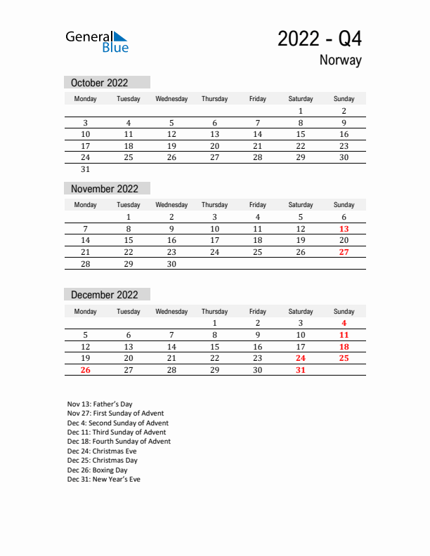 Norway Quarter 4 2022 Calendar with Holidays