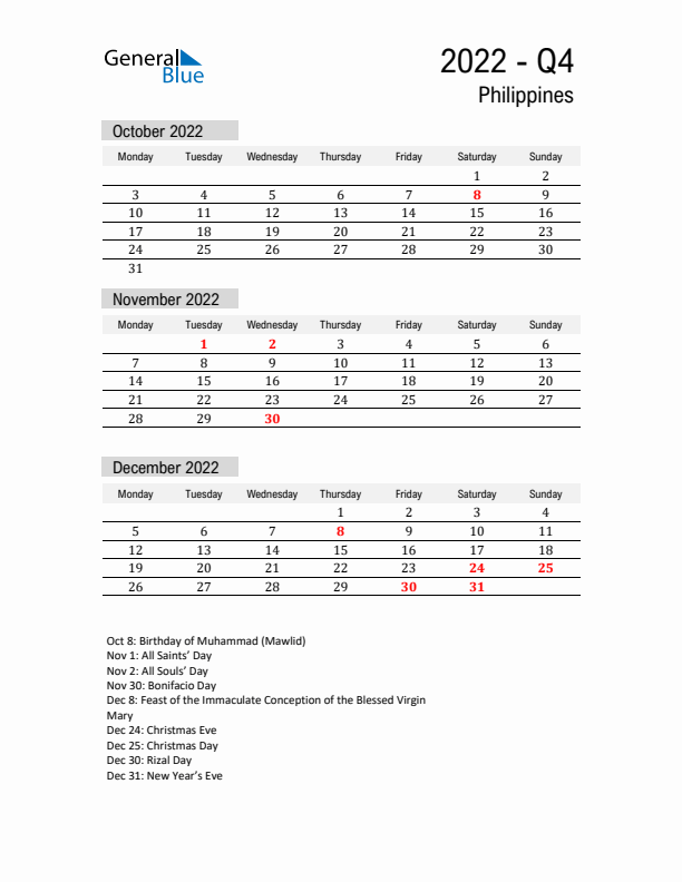 Philippines Quarter 4 2022 Calendar with Holidays