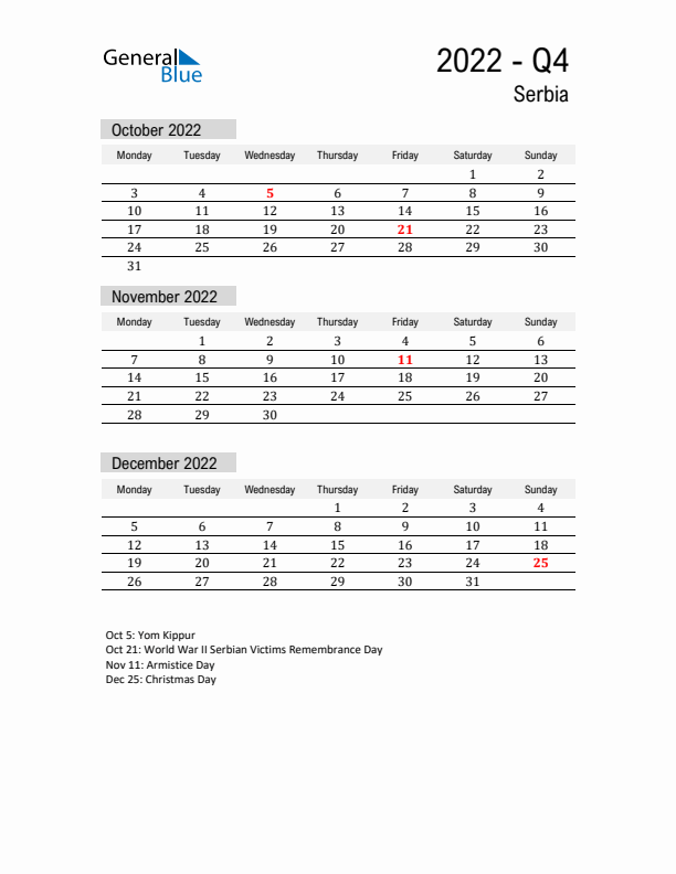 Serbia Quarter 4 2022 Calendar with Holidays