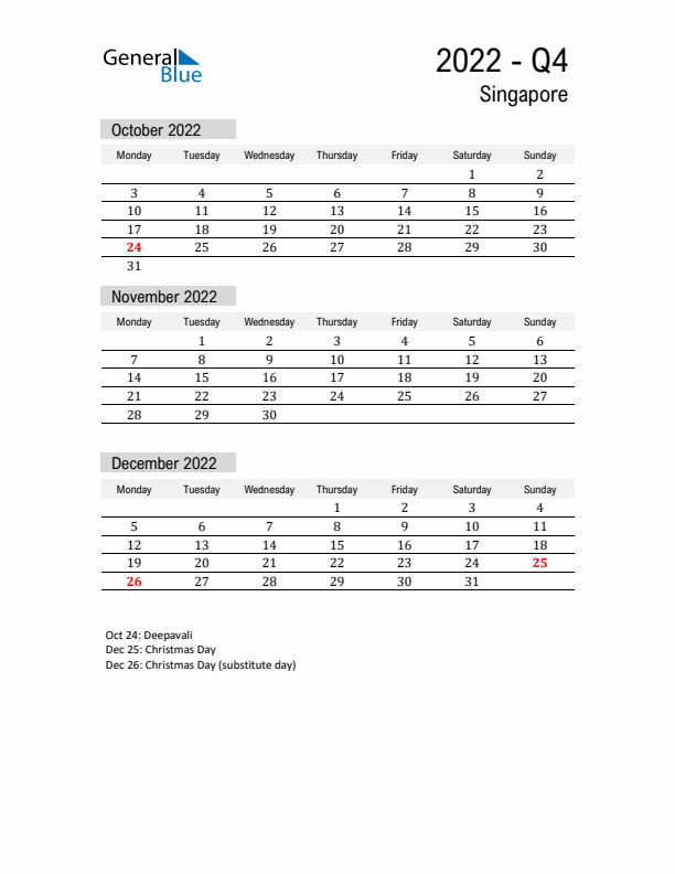 Singapore Quarter 4 2022 Calendar with Holidays