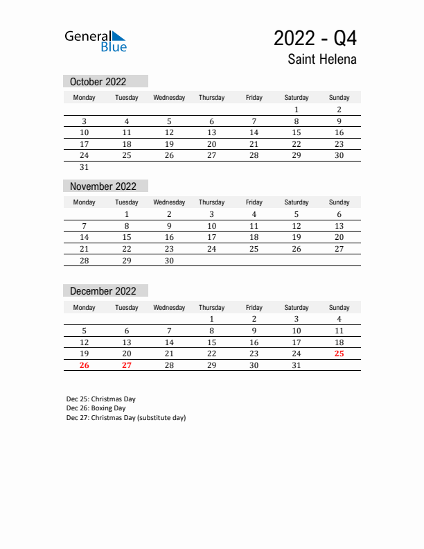 Saint Helena Quarter 4 2022 Calendar with Holidays