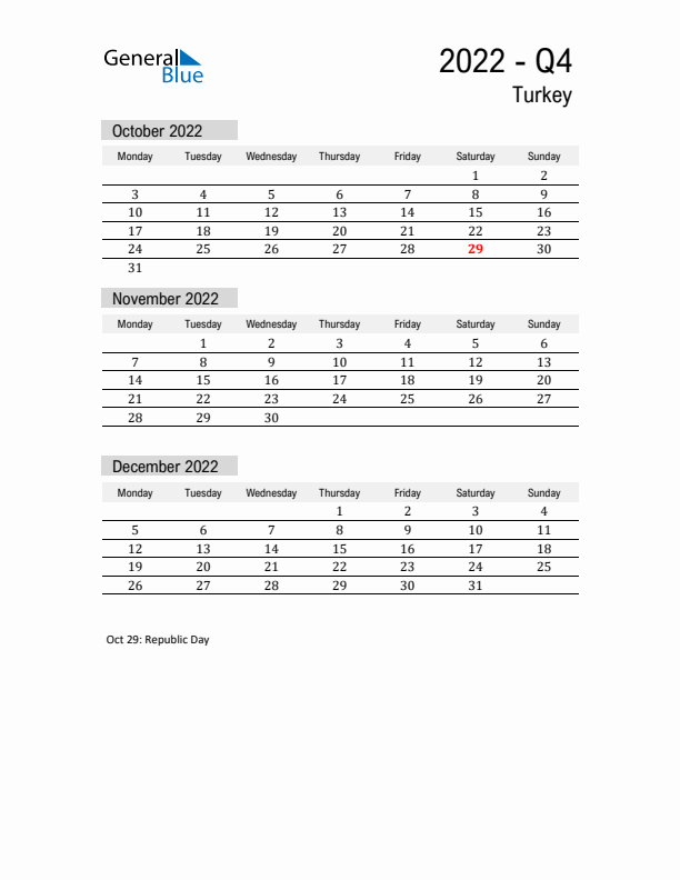 Turkey Quarter 4 2022 Calendar with Holidays