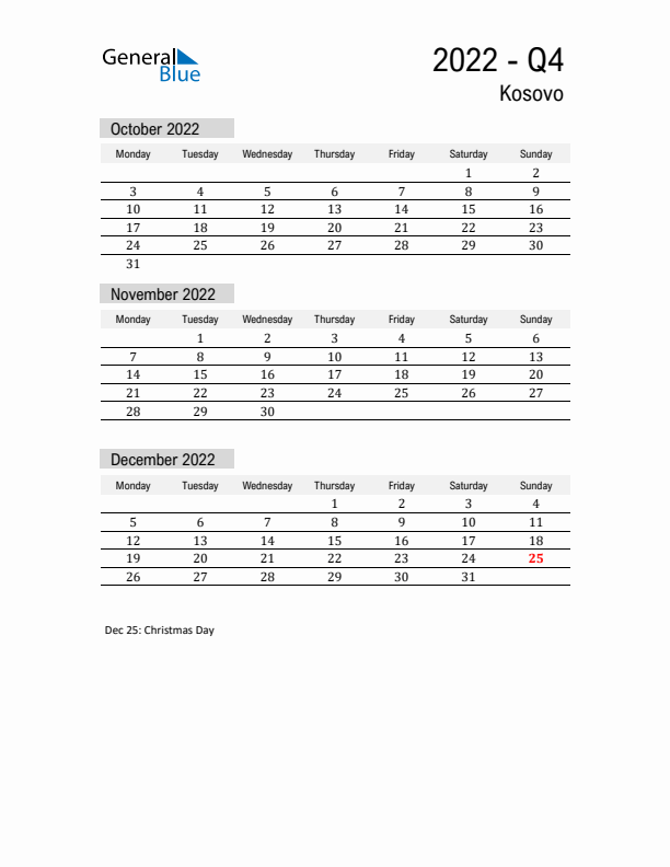 Kosovo Quarter 4 2022 Calendar with Holidays