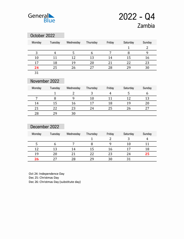 Zambia Quarter 4 2022 Calendar with Holidays