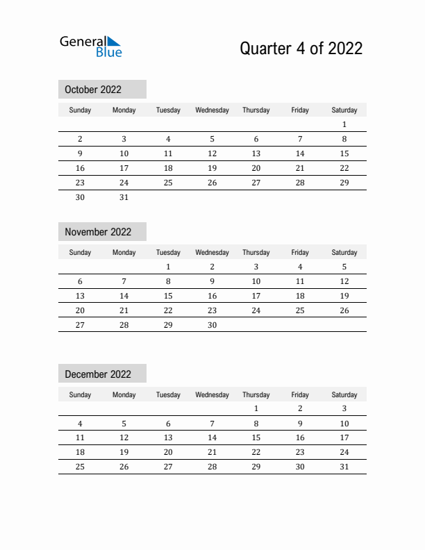 October, November, and December Calendar 2022