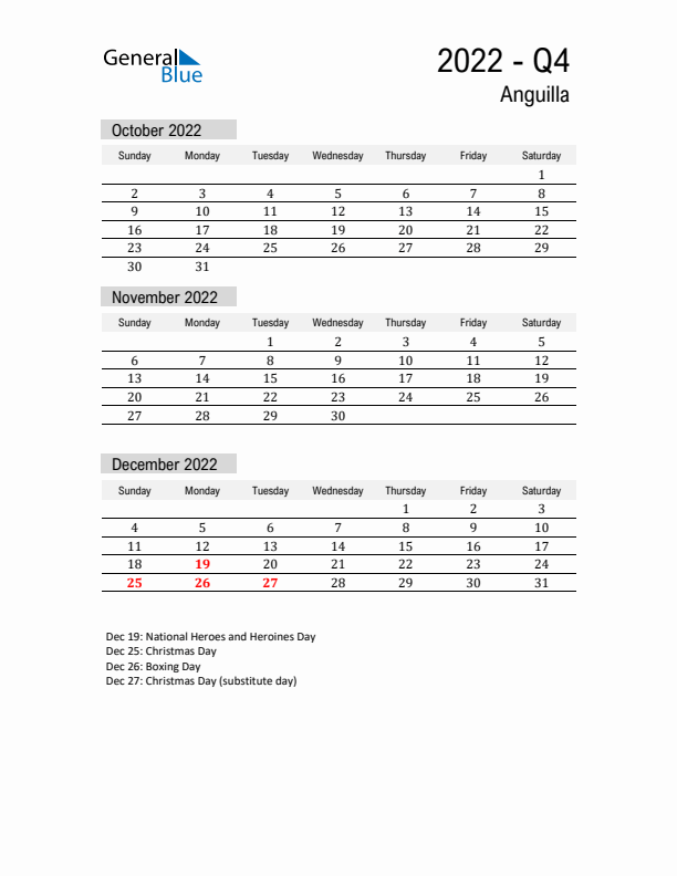 Anguilla Quarter 4 2022 Calendar with Holidays