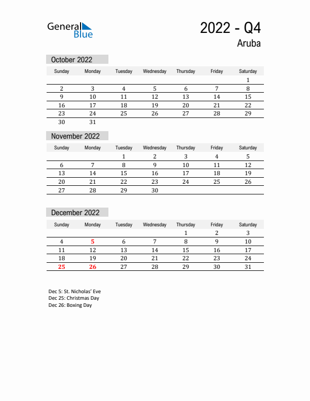 Aruba Quarter 4 2022 Calendar with Holidays