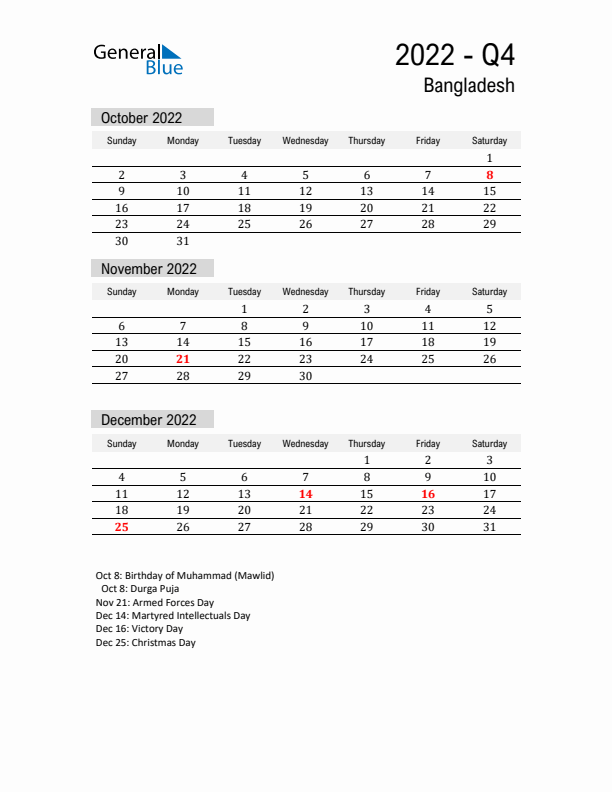 Bangladesh Quarter 4 2022 Calendar with Holidays