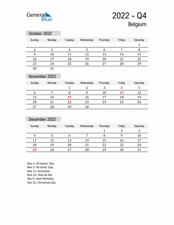 Belgium Quarter 4 2022 Calendar with Holidays