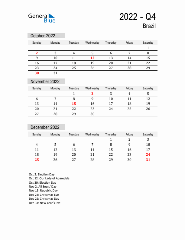 Brazil Quarter 4 2022 Calendar with Holidays