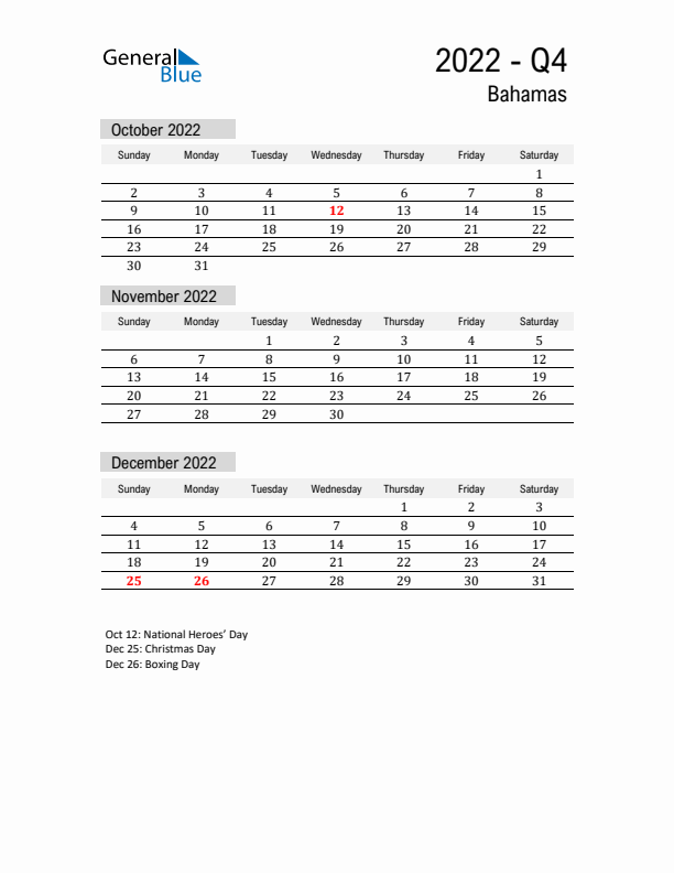 Bahamas Quarter 4 2022 Calendar with Holidays