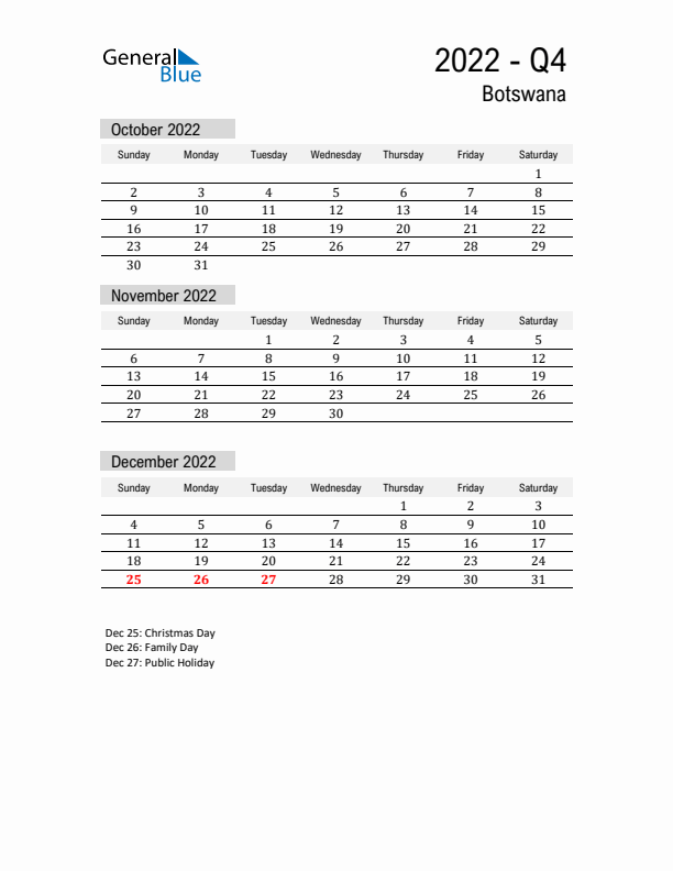 Botswana Quarter 4 2022 Calendar with Holidays