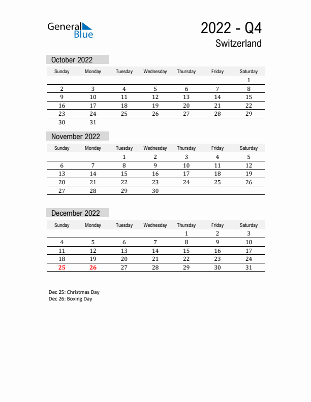 Switzerland Quarter 4 2022 Calendar with Holidays