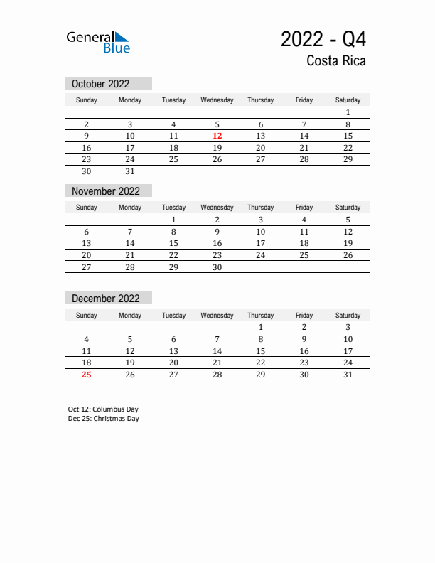 Costa Rica Quarter 4 2022 Calendar with Holidays